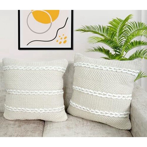 Boho Throw Pillow Covers Tufted Set of 2 Cushion Cases 18X18" Ivory Handmade New - Picture 1 of 6